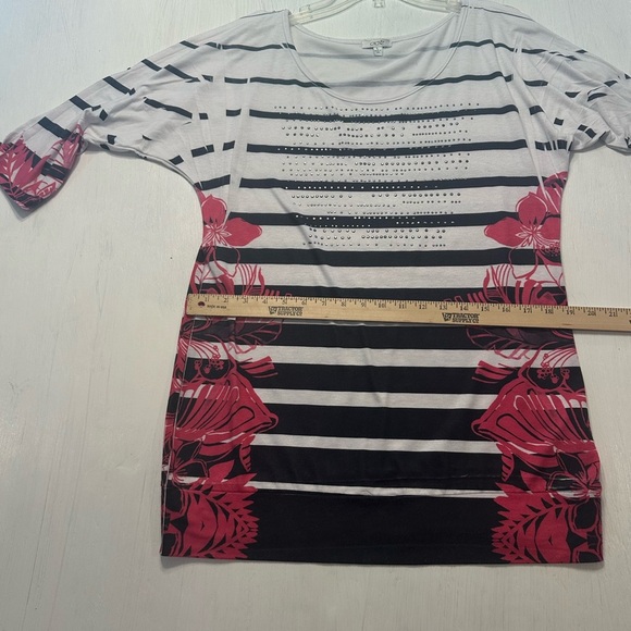Cache L Striped Floral Rhinestone Top Button Tab Sleeves Made in USA Tunic - Picture 4 of 12